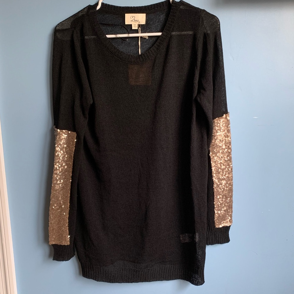 NWT LLove Black Pullover Sweater Sequined Sleeves